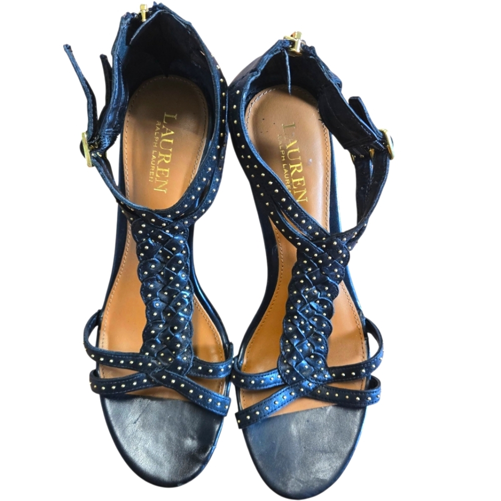 Lauren Ralph Lauren Black Heeled Sandals with Gold Accents Size 8.5 - Picture 1 of 7